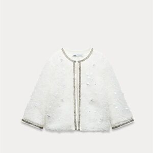 Zara White Faux Fur Embellished Cape Jacket